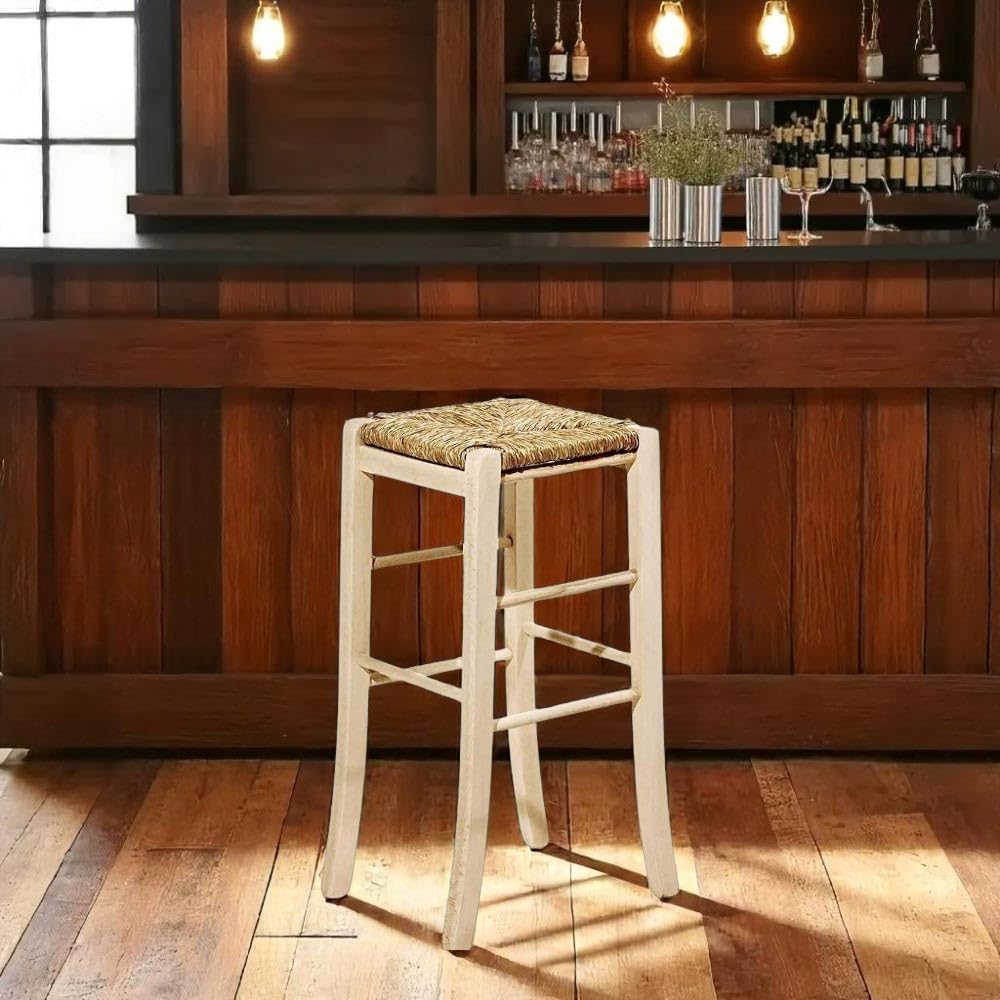 Taburete de madera al natural, de 67 cm de altura, por pintar, con asiento de paja de forma cuadrada (viene montado)