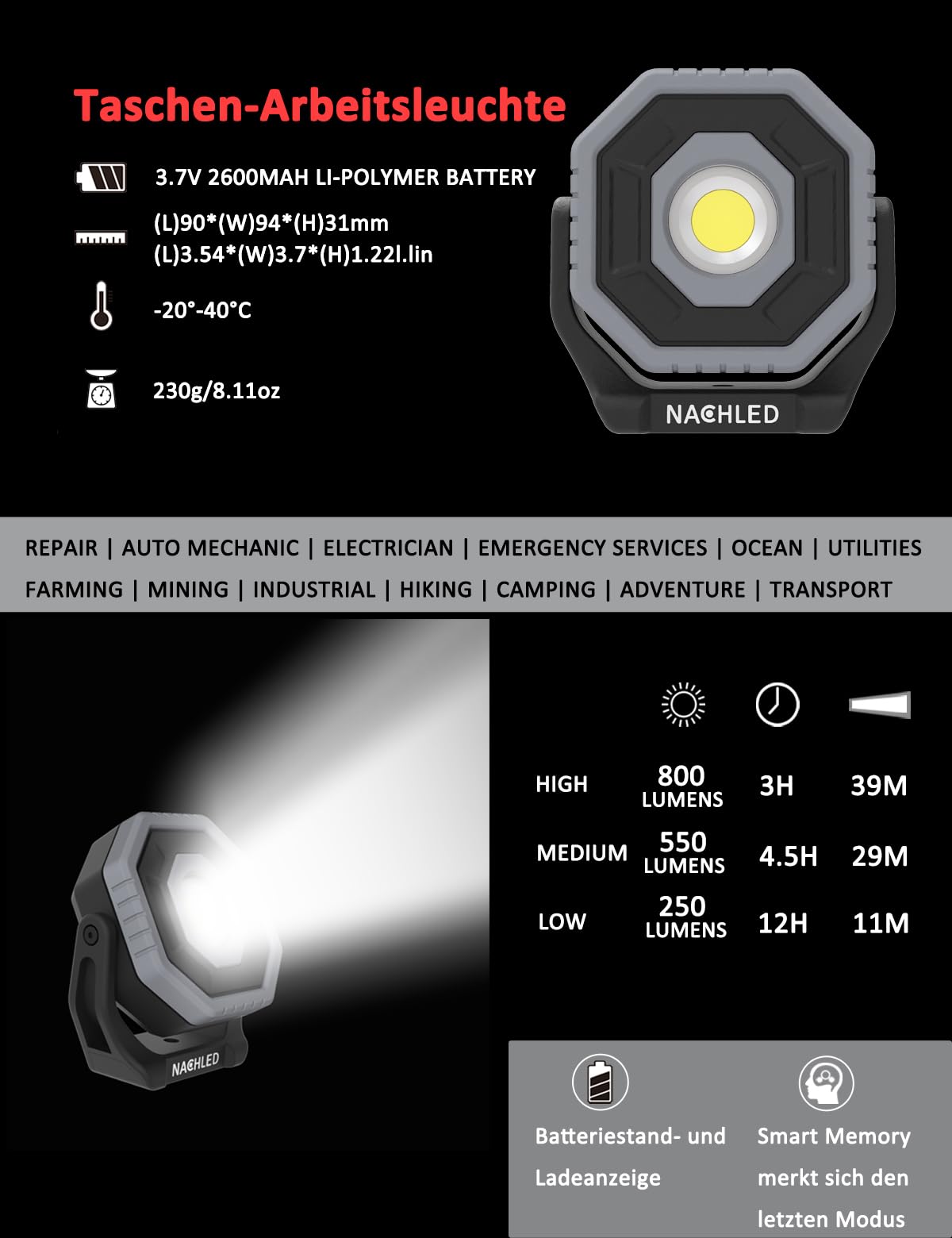 LED Arbeitsstrahler 800 lm Akku strahler Arbeitsleuchte Typ-C wiederaufladbar 2600 mAh mit 360° drehbarem Magnetständer IP65 für Autoreparatur DIY und Wartung