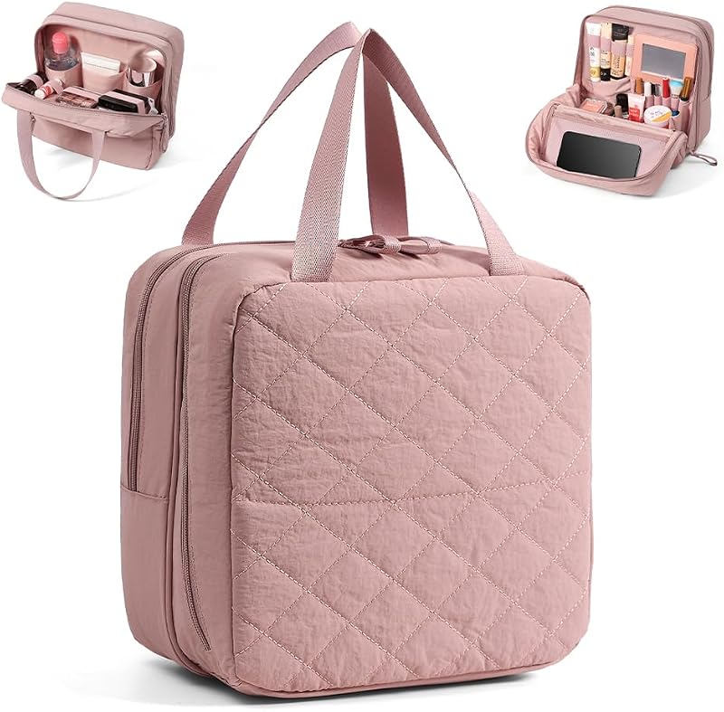 Necessaire de viagem Geelraqaly em pé, dobrável, rosa, com compartimentos para itens secos e úmidos