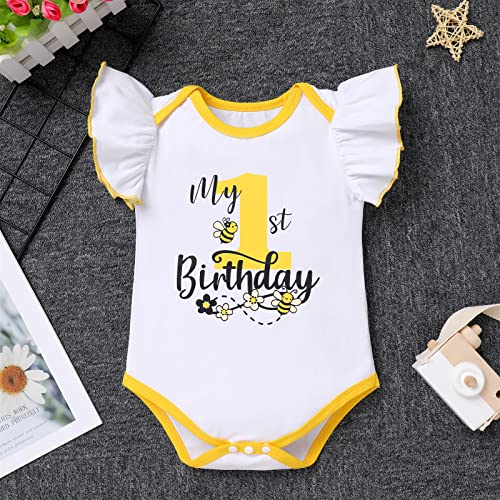 My 1st Birthday Outfit - Girls' Cake Smash Photo Shoot Romper, Mini Tutu Skirt, Headband, First Birthday Party Supplies, Toddler Bee Themed Decorations, Yellow