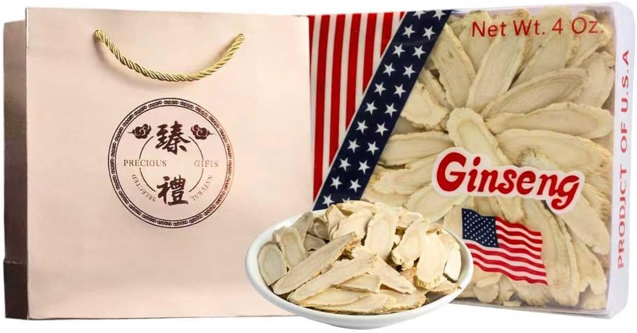 HLX 5 Year American Ginseng Slices with Gift Bag, Hand-Selected Wisconsin Panax Ginseng, Organic American Ginseng Slices for Tea & Soup, Herbal Gift for Men and Women
