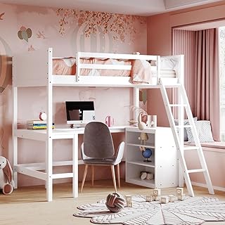 Twin Size Wooden Loft Bed with Desk and Shelves - Kids Loft Bed Frame for Small Spaces (White + Solid Wood + Twin-1)