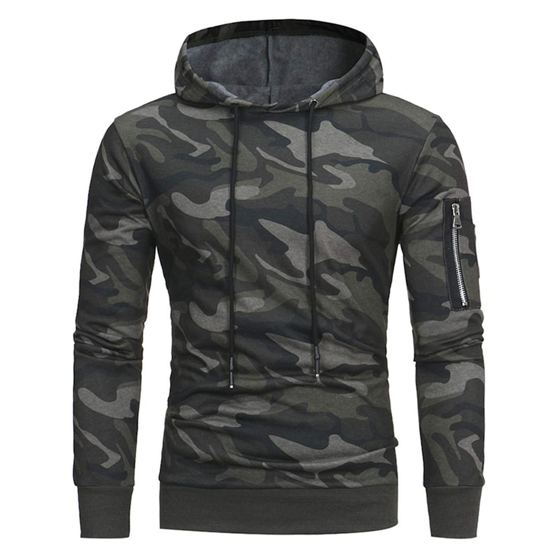 Men's Hooded Sweatshirt Top Casual Hoody Fashion Camouflage Hooded Men's Casual Slim Pullover Sweater Military Fan Style Long-Sleeved Hoodie with Zipper Pockets On The Shoulders Sport Outerwear