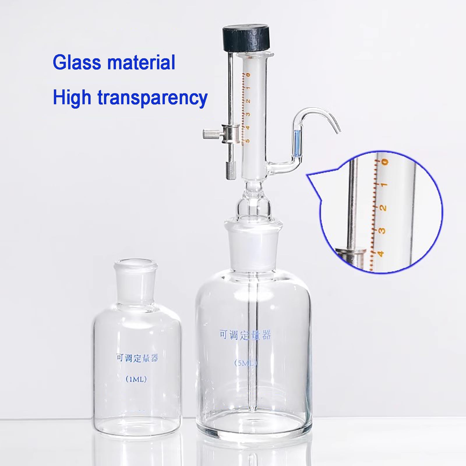 Dispositivo dosificador de líquido, pipeta de vidrio micro ajustable de 1/5 ml con perilla de ajuste de acero inoxidable para mediciones precisas de laboratorio