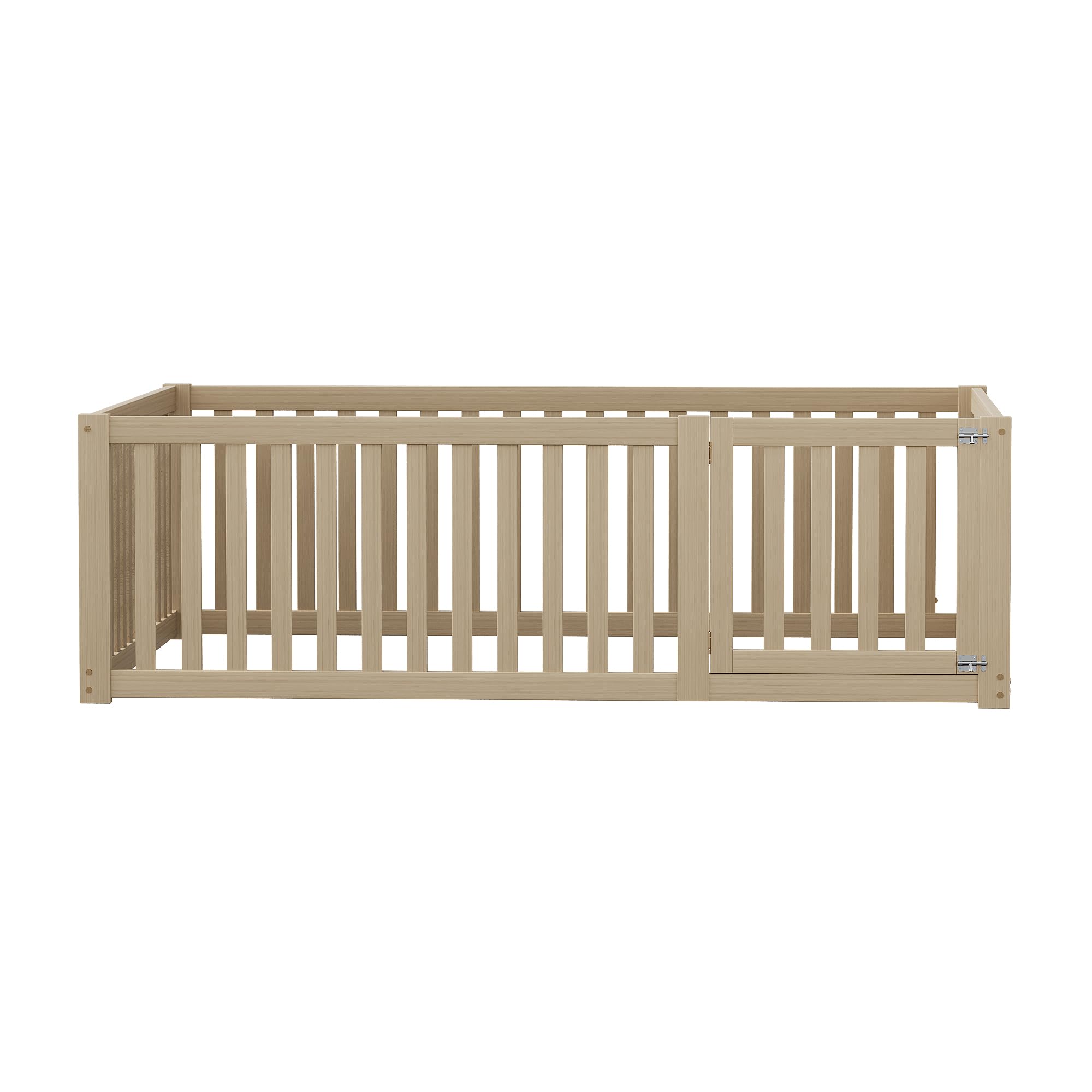 Zepneiy Lit Enfant 140 x 200 cm, Cadre de lit au Sol en Bois Massif, lit Enfant avec clôture et Porte, Coloris Naturel