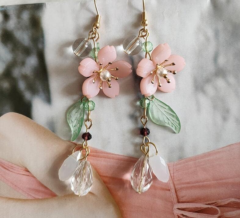 COLORFUL BLING Classic Pink Flower Dangle Drop Earrings Elegant Floral Green Leaf Earrings for Women - Image 2