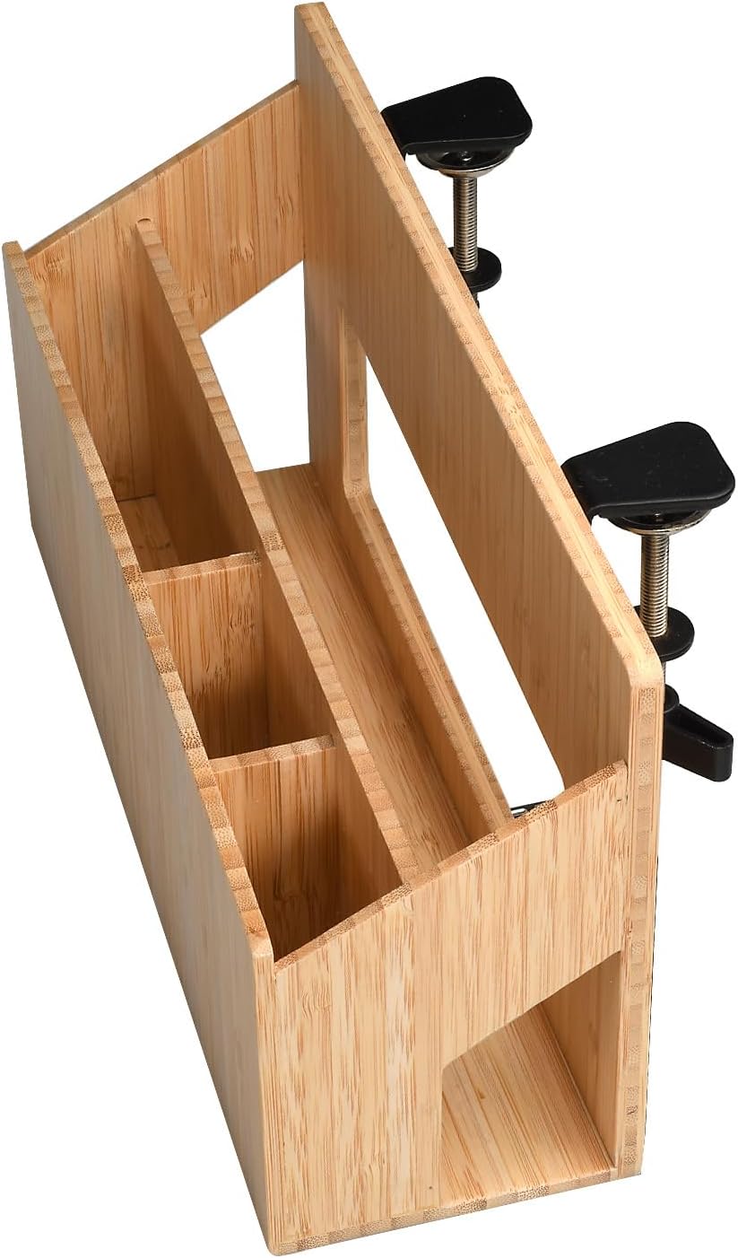 MobileVision Bamboo Side Desk or Table Organizer with C-Clamp Mount on Rear For Easy Mount