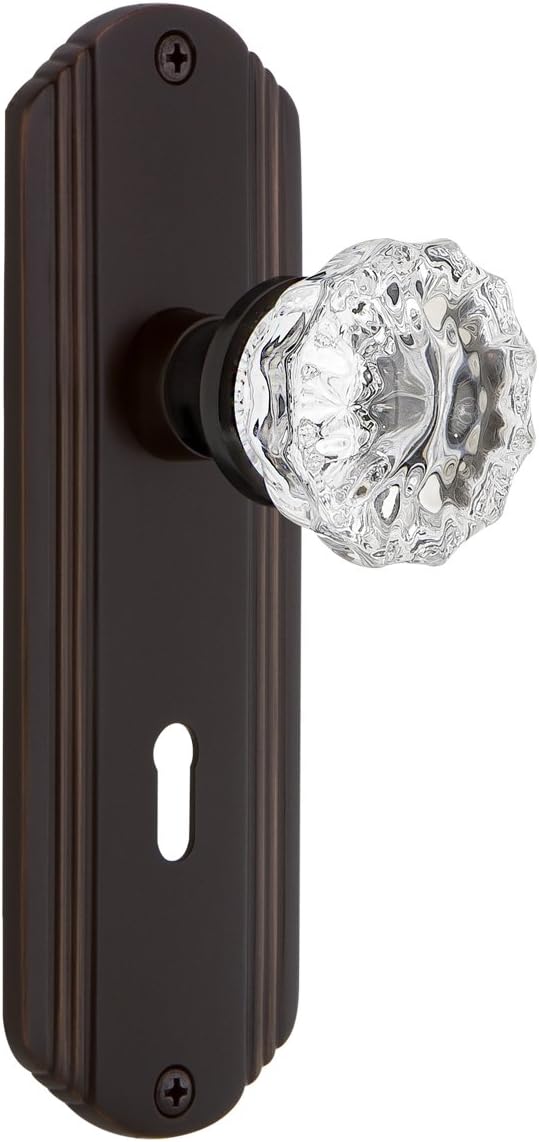 Nostalgic Warehouse Deco Plate with Keyhole Privacy Crystal Glass Door Knob in Timeless Bronze