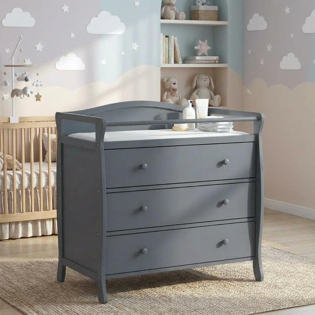 3-Drawer Baby Changing Table with Changing Pad, Safety Rails & Strap - Convertible Solid Wood Nursery Dresser & Storage Organizer, Infant Diaper Station, Easy Assembly, Grey