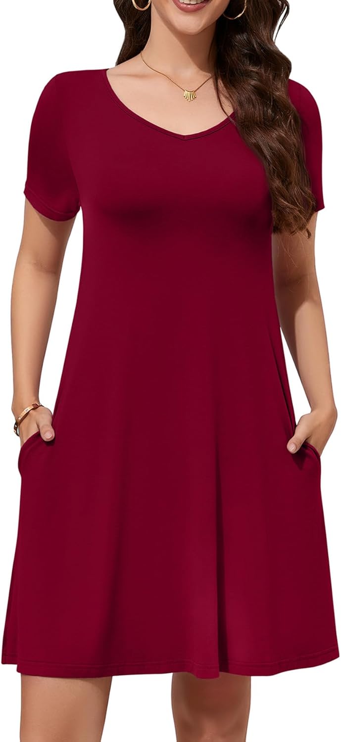 WEACZZY Summer Dresses for Women 2025 V-Neck Casual T Shirt Dress Loose Short Sleeve Flowy Dresses with Pockets