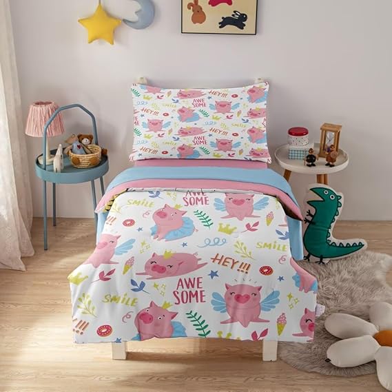 CKOU CCOO 4 Piece Toddler Bedding Set, Pink Pig Animals
