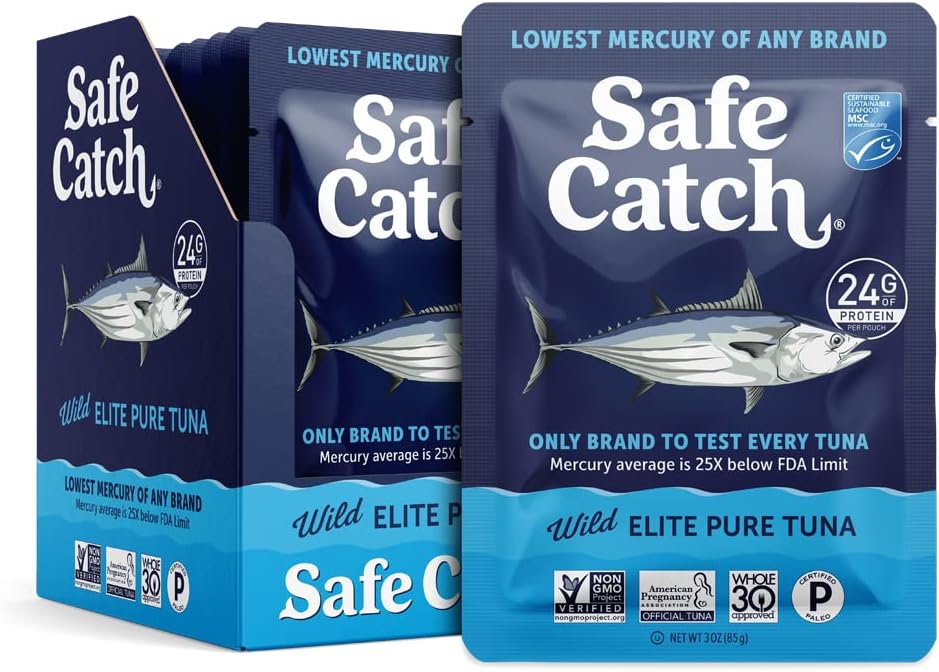 Safe Catch Elite Tuna Wild-Caught Lowest Mercury Tuna Fish Pouch Gluten-Free Keto Food Non-GMO Kosher Paleo-Friendly High Protein Snack, No Water Oil Tuna, Pack of 12 Tuna Pouches 3oz