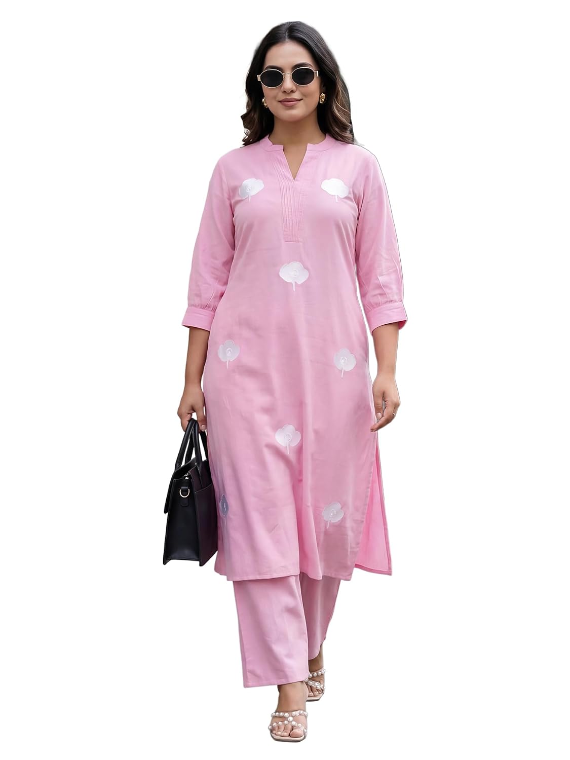INDO ERA Women's Pink Cotton Blend Embroidered Thread Work Kurta & Palazzo Set (IEAI13036)