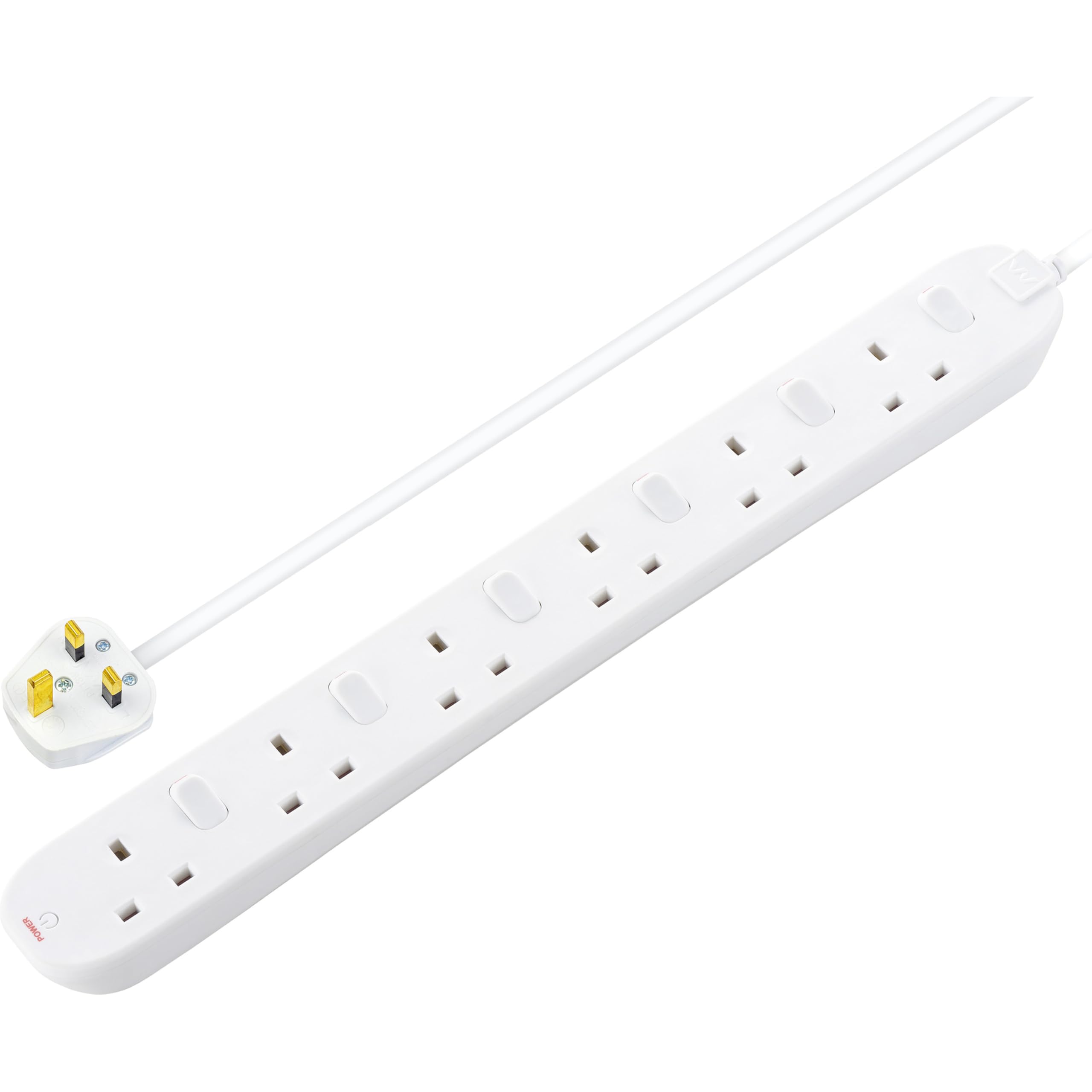 Masterplug Six Socket Extension with Individual Switches, 2 Metres, White