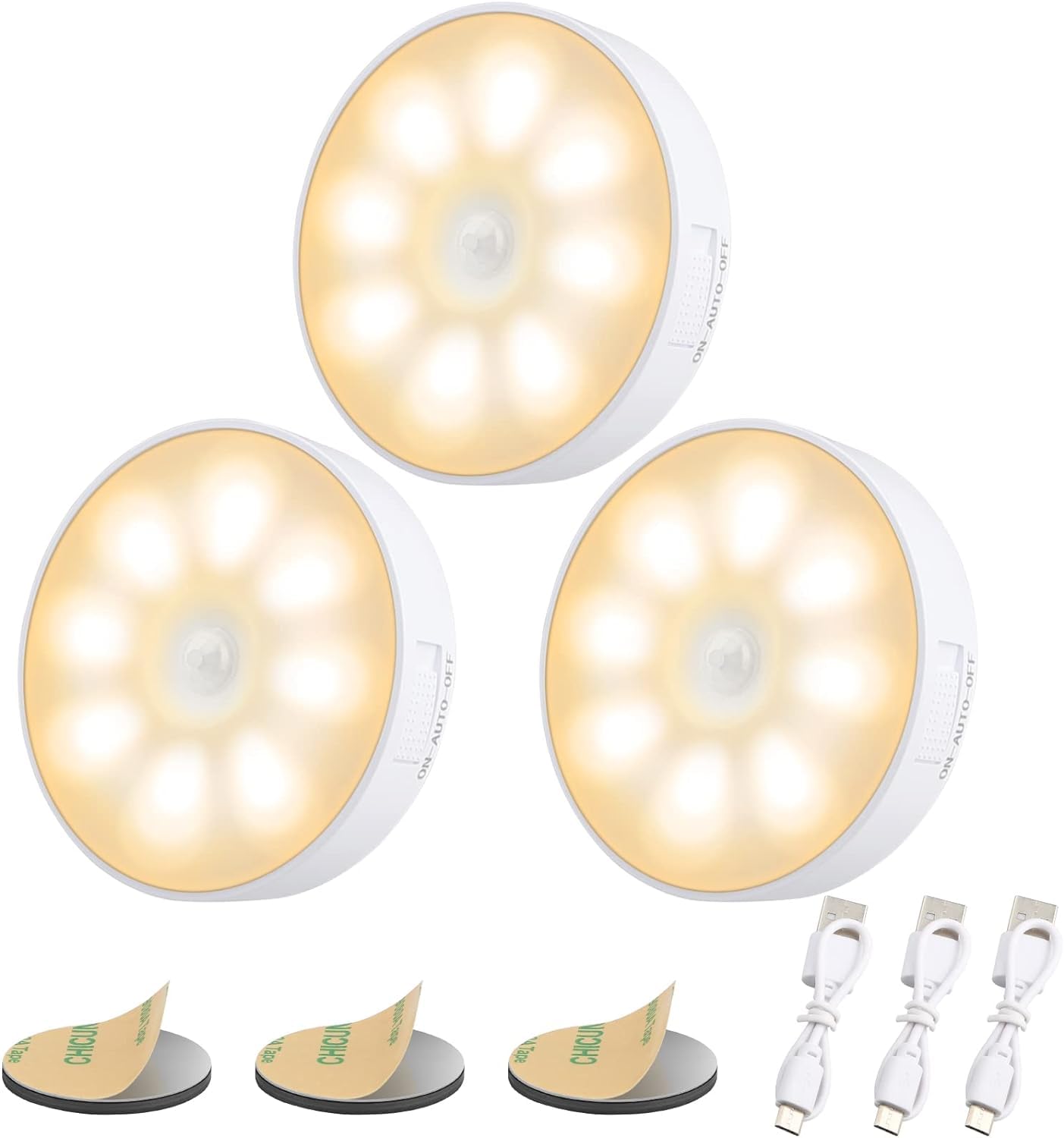 ALANX Sensor night Light, 3 pcs LEDs Rechargeable small Night Light, with USB Cable & Magnetic Patch, 3 Modes, Cordless Safe Wall Light for kids rooms bedroom Kitchen Bookshelves Drawers (WARM 3000K)