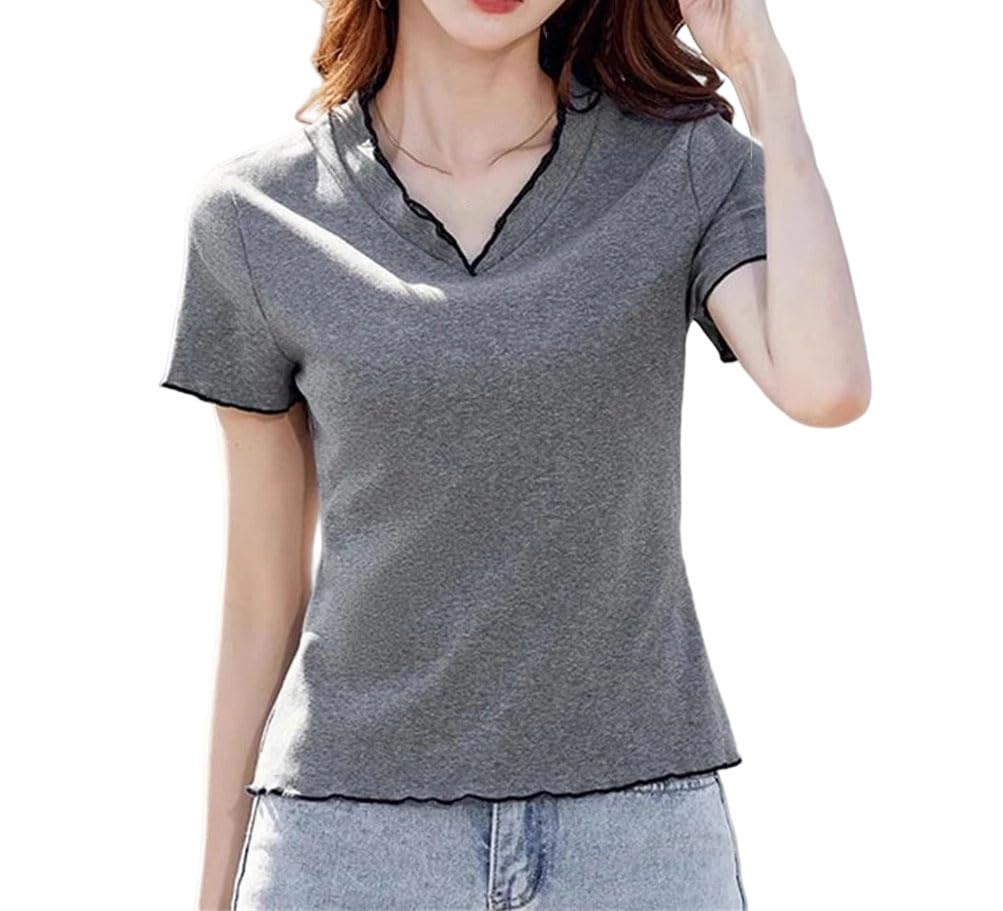 Camiseta de verano para mujer, cuello en V, manga corta, color liso, básica, minimalista, tela suave, uso diario