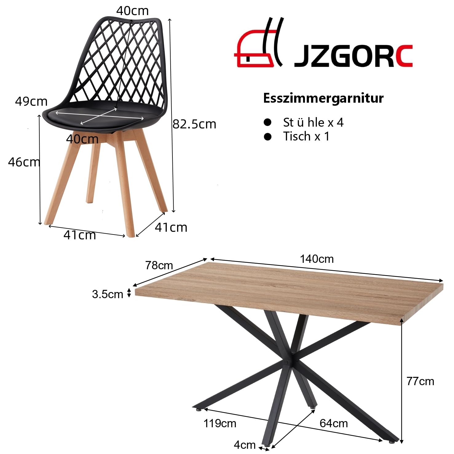 Set Tavolo e Sedie da Pranzo Moderno - 4 Sedie da Pranzo (Nero) + Tavolo da Pranzo in MDF con Gambe in Metallo (Tavolo: 140x80x75 cm)