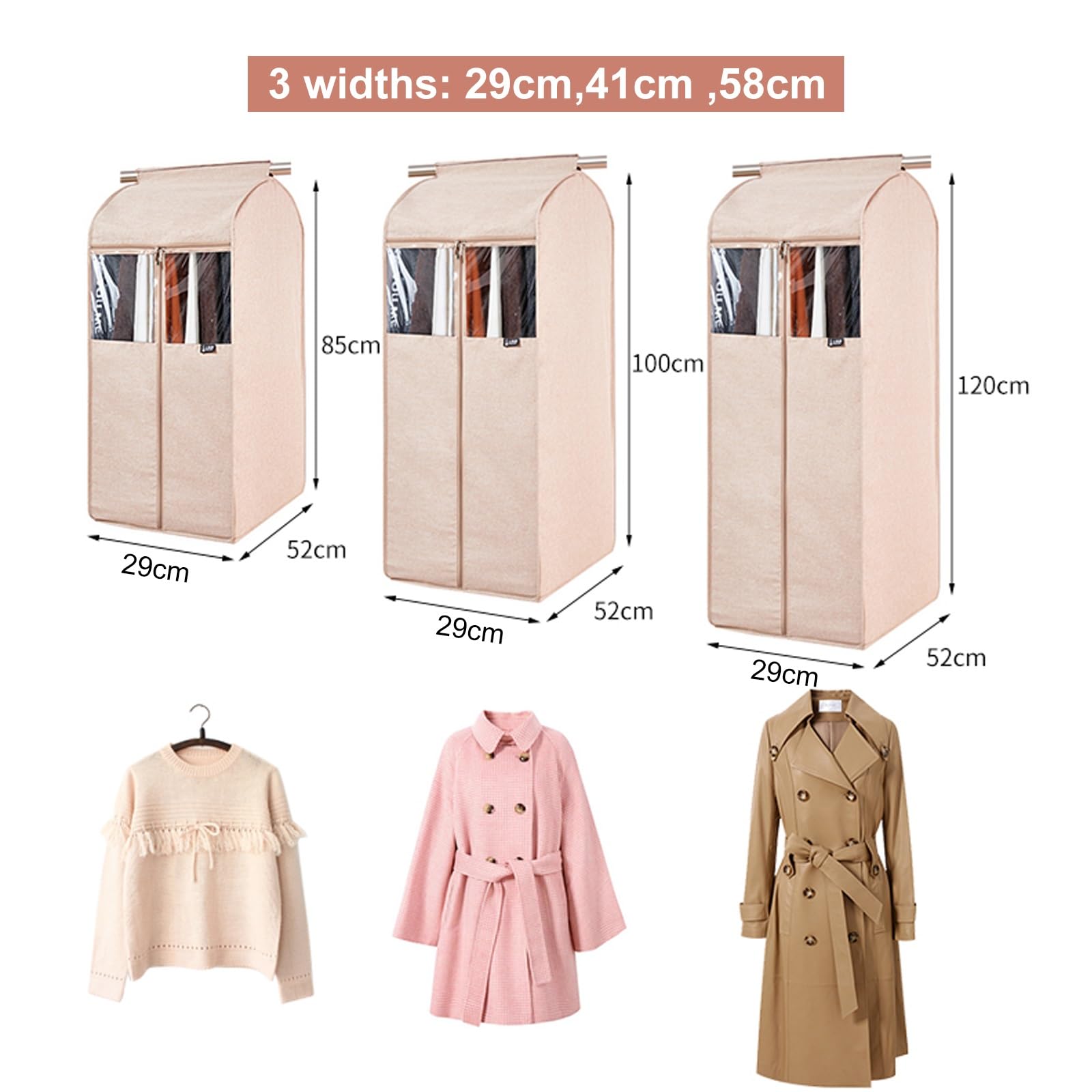 Kleiderbeutel mit Reissverschluss Verdicktes Oxford-Tuch Transparentes Fenster Waschmaschinenfest Staubdicht und Feuchtigkeitsbeständig Anzugsack (Color : Beige, Size : 58x52x100cm)