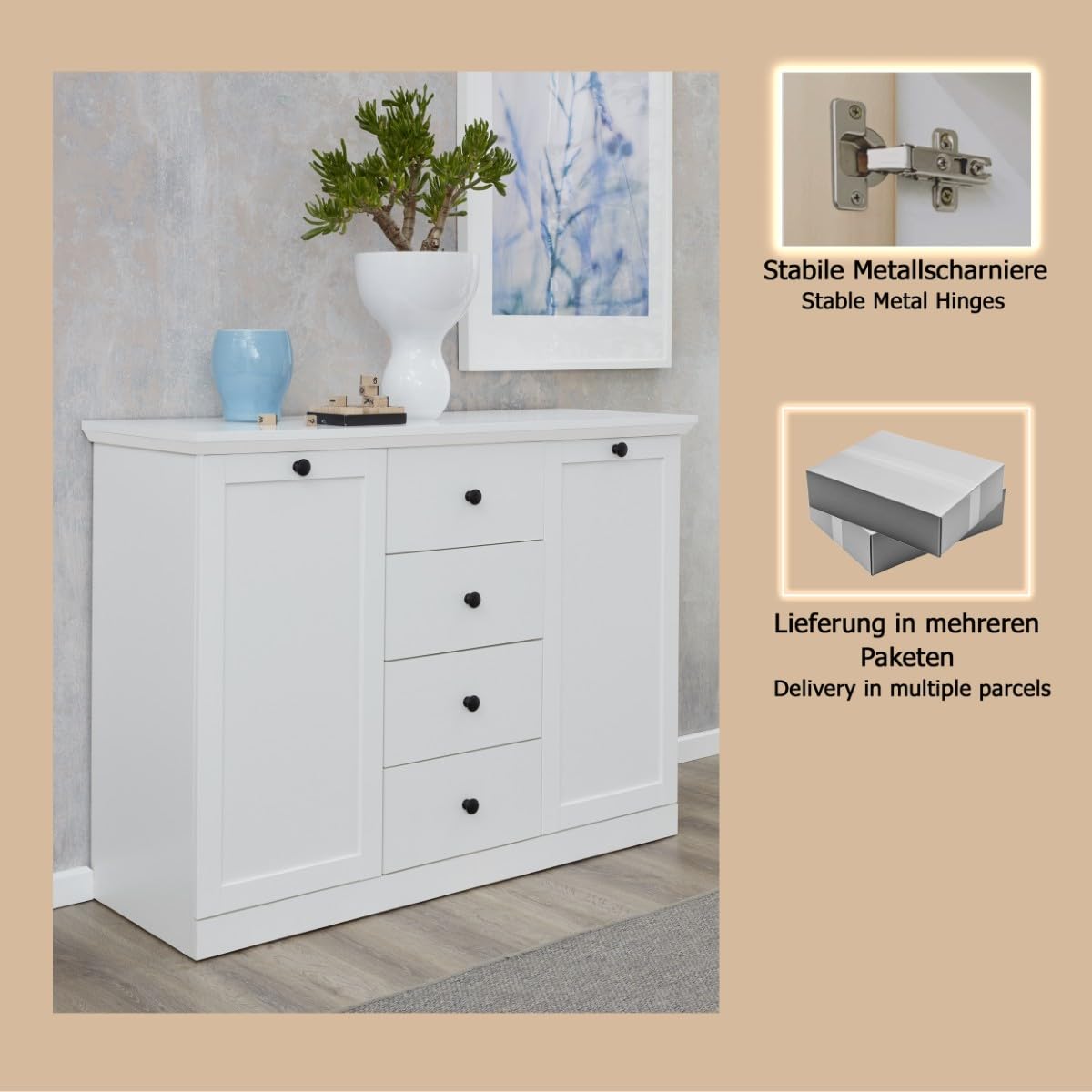 trendteam smart living - Baxter - Sideboard - Weiß Matt - Kommode - Schrank - (BxHxT) 119 x 88 x 41 cm - Landhausstil - Schwarze Metallgriffe - Vollauszug Schubladen - Sockel