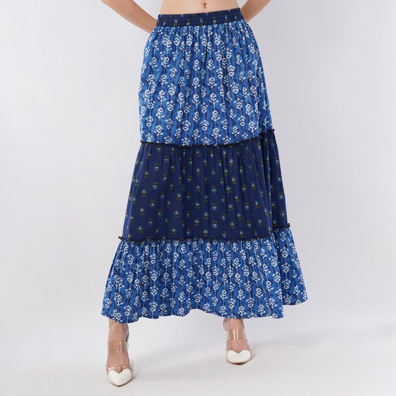 Rabhika Women’s Light Blue Pure Cotton Tiered Maxi Skirt, Elegant Ethnic Wear, Comfortable Long Skirt for Summer| 2XL 4