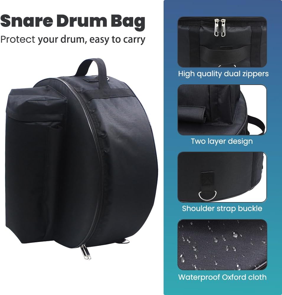 14 inch Snare Drum Bag,Waterproof Padded Snare Drum Cases with Backpack for Accessories,Adjustable Shoulder Straps Protable Travel Drum Case (Black, 17.5 x 17.5 x 6.7 inches （Fits 14-inch drums）)