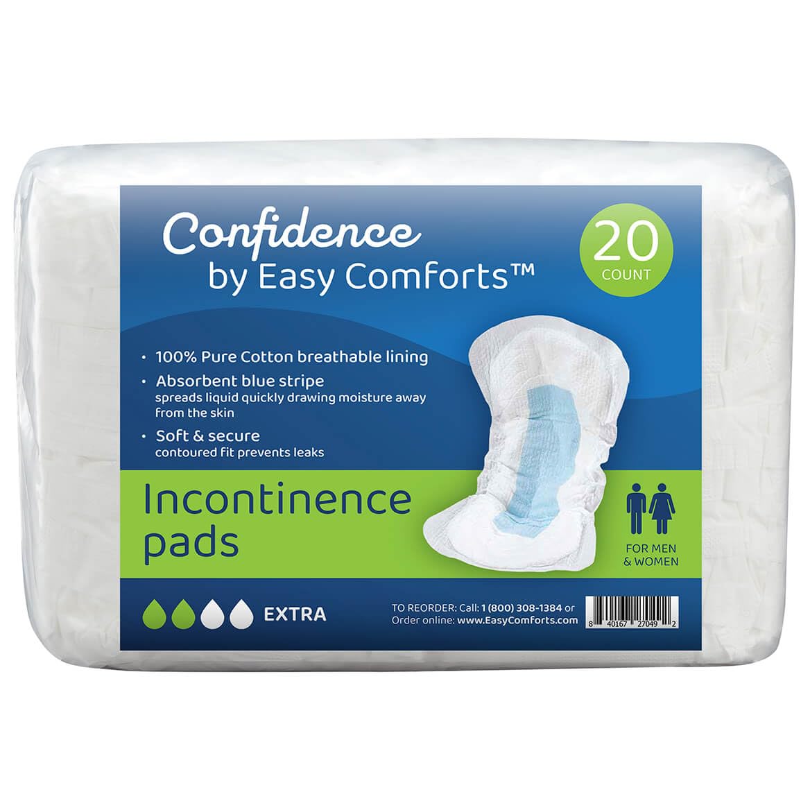 Confidence by Easy Comforts Adult Incontinence Pads Extra Heavy Absorbency, Postpartum Incontinence & Bladder Leak Liners, Leak-Free Protection, 20 Count, Pkg