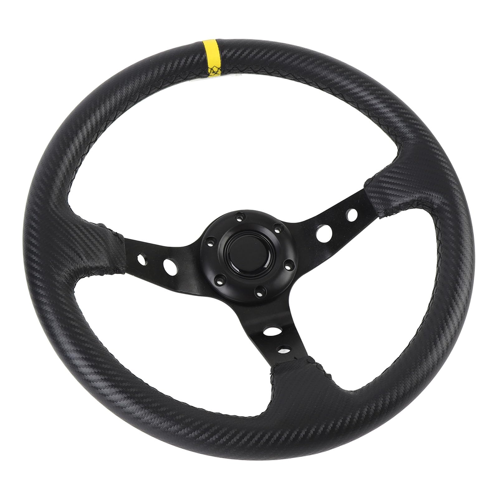 Volante da da 14 pollici, volante sportivo universale a profilo profondo con pulsante per clacson, telaio in alluminio con aspetto in fibra di carbonio rivestito in pelle PU (Gialla)