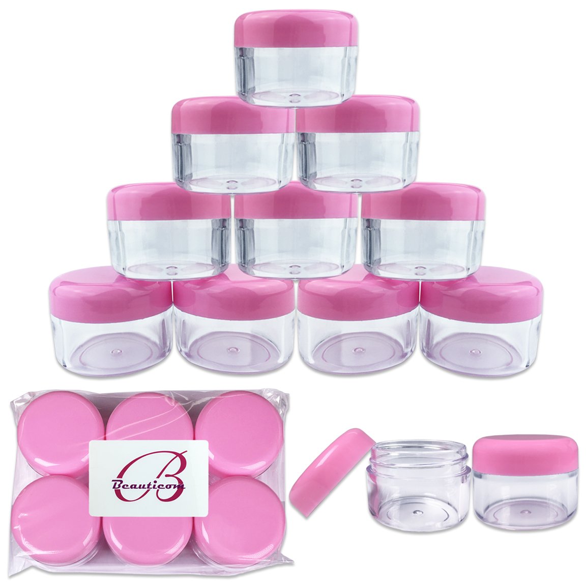 Beauticom 12 sztuk, 30 g, 30 ml, okrągłe, przezroczyste, do wielokrotnego napełniania, puste plastikowe słoiki z różowymi zakrętkami do przechowywania sypkich proszków i pigmentów, próbek do makijażu