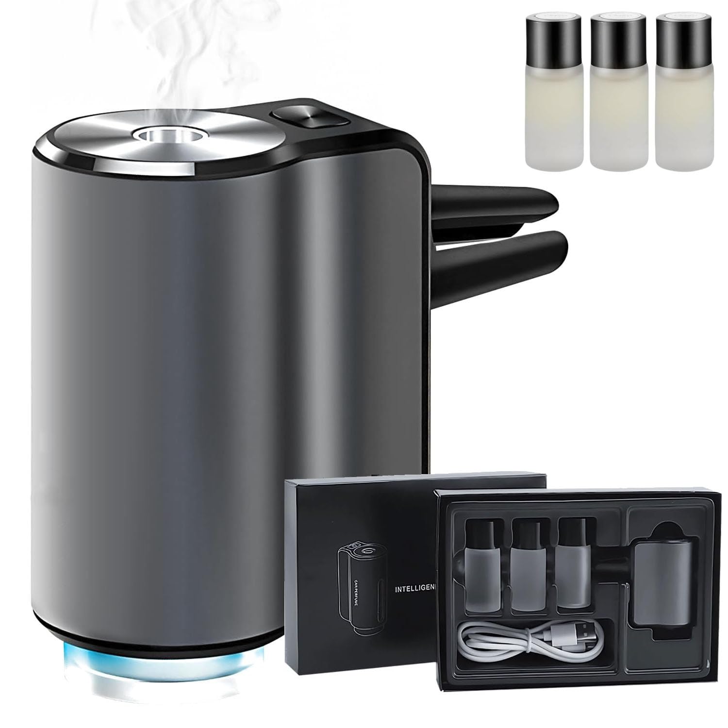 Smart Car Air Freshener Aromatherapy Diffuser with 3 Piece Essential Oil Adjustable Car Aroma Diffuser Cologne Perfume Fragrance USB Rechargeable 3 Scent Modes