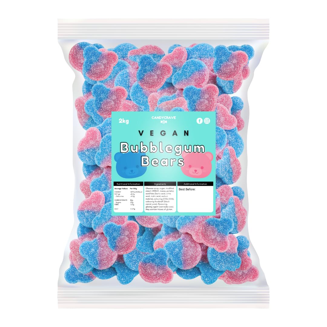 Candycrave Vegan Fizzy Bubblegum Bears 2kg | Blue & Pink Jelly Sweets | Bubblegum Flavour | Fizzy Sugar Coated | Vegan Friendly | Perfect for Sharing, Parties & Pick & Mix