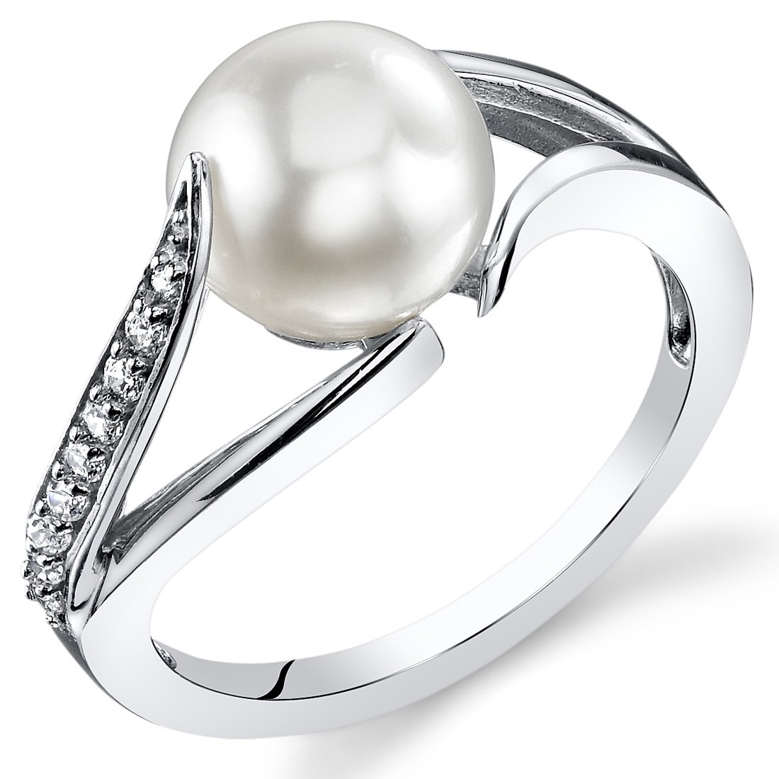 PEORA Freshwater Cultured White Pearl Elegant Solitaire Ring for Women 925 Sterling Silver, 7mm Round Button Shape, Comfort Fit, Sizes 5 to 9