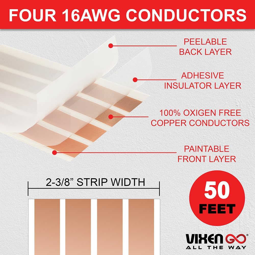 Hidden Flat Wire 4 Conductor 16 Gauge Paintable Cable for Audio Speakers, Smart Doorbell, LED Lighting, Low Voltage Appliances 50 FT + 8 Quick Connectors