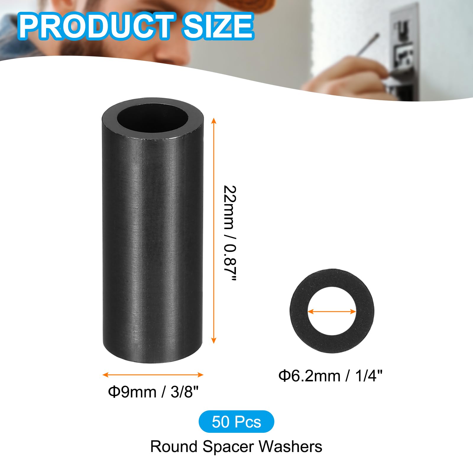 PATIKIL 50Pcs M4 ABS Spacers M6 x 9mm OD x 22mm L Plastic Round Spacer Washers Black Standoff Nut Unthreaded for Screws Bolts Electrical Outlet - Image 2