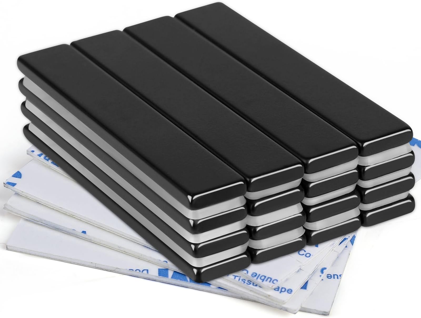 MIKEDE Strong Neodymium Bar Magnets, 16 Pack Black Heavy Duty Magnets with Double-Sided Adhesive, Rare Earth Metal Rectangular Magnetic Bar Magnet for Kitchen, DIY, Tool Storage - 60 x 10 x 3 mm