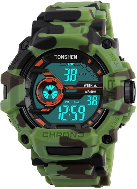 TONSHEN Men's LED Digital Outdoor Sport Watch Waterproof 50M Military Multifunction Electronic Display Camouflage Plastic Case with Rubber Strap Watch for Travel Hunting Running Camping