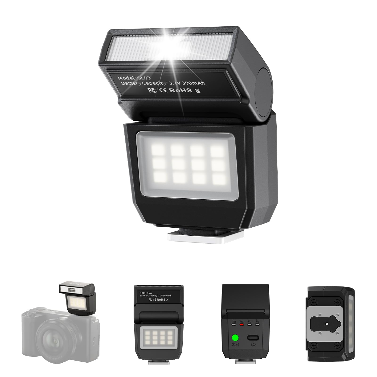 ULANZI SL03 Mini flash Speedlite GN8 6500K Angolo 90° regolabile per fotocamera
