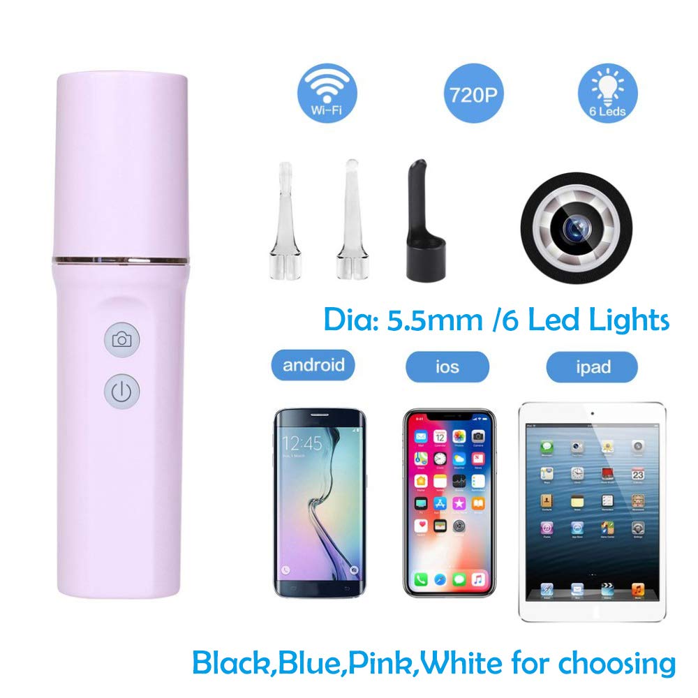 Otoscopio WiFi 720P HD Cámara de oído 5,5 mm para la inspección de oídos, endoscopio, eliminación de cera de oídos, herramienta visual con 6 luces LED, blanco