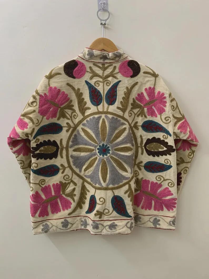 Velvet Suzani Embroidered Jacket, Bohemian Kantha Quilt Coat