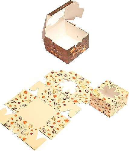 Miniatura 6 de qiqee Caja de panadería de Acción de Gracias con ventana, 36 paquetes de 6 x 6 x 3 pulgadas, cajas de galletas de hojas doradas para el día de