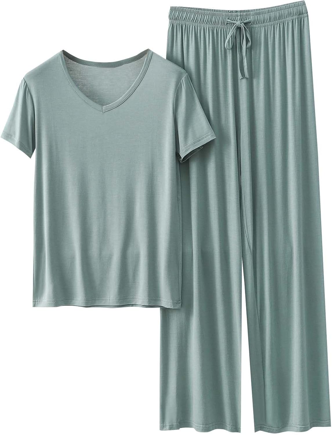 Oplxuo Womens Pajama Sets Modal Sleepwear V-Neck Short Sleeve Basic Tee Shirts and Wide Leg Pants 2 Piece Pjs Lounge Sets