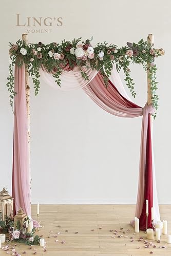 Miniatura 5 de Ling's moment 3 paneles de 20 pies de tela drapeada con arco de boda de tela para telón de fondo (rosa polvorienta + burdeos + rubor)
