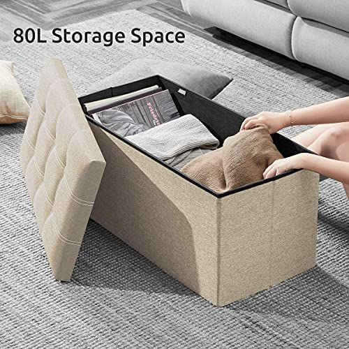 Image of Folding Storage Ottoman, Long Shoes Sofa Bench, Fabric Linen Footrest Stool for Laundry, Storage Space, End of Bed Seat, Toys Storage Organizer Bin Box with Lidded Cover (Beige, 76X38X38)