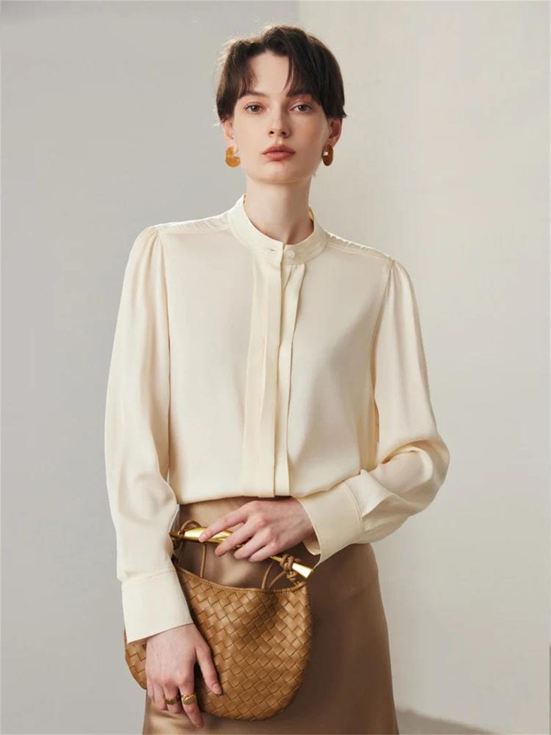 Camisas lisas para mujer, cuello alto, blusas elegantes para oficina