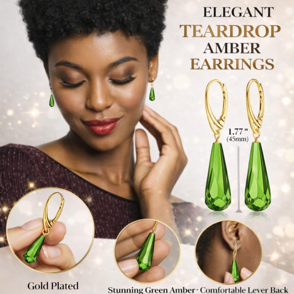 Amber Earrings for Women - Statement Gemstone Jewelry, Gold Plated Sterling Silver Leverback, Dangle Semi Precious Stone Ladies Earrings, Elegant Gift for Her