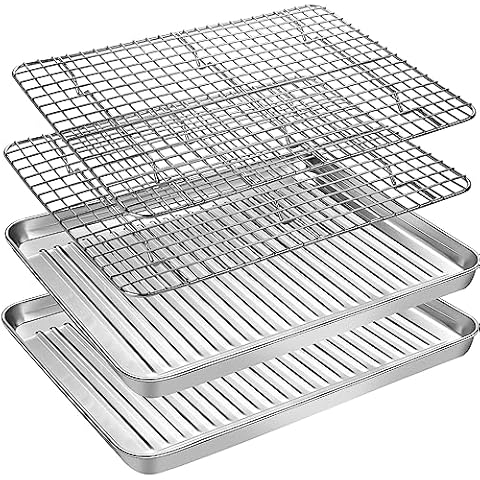 Baking Sheet Tray with Cooling Rack Set (2 Pans + 2 Racks), Stainless Steel Cookie Pan with Cooling Rack For Oven, Nonstick Baking Pan, Warp Resistant & Heavy Duty & Rust Free, Size 9 x 7 x 1 Inches Cover