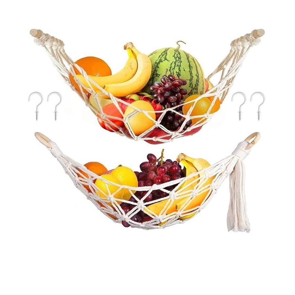 Shungong 2Pcs Macrame Fruit Hammock Baskets Under Cabinet Banana Storage Organizer