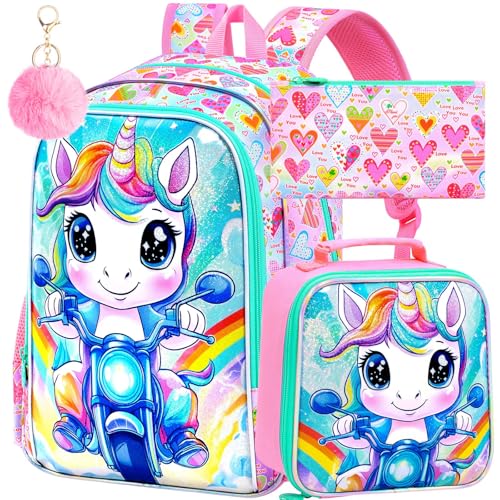 Image of 3Pcs Unicorn Backpack for Girls, 16 inch School Backpacks Set for Elementary Preschool Kindergarten, Kids Motorcycle Bookbag with Lunch Box(Pink)