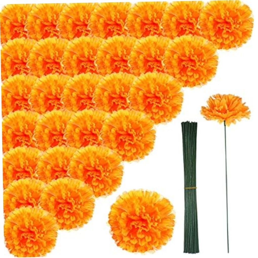 Striegro 100 Pack Artificial Marigold Flowers, Orange, for Party Decor..