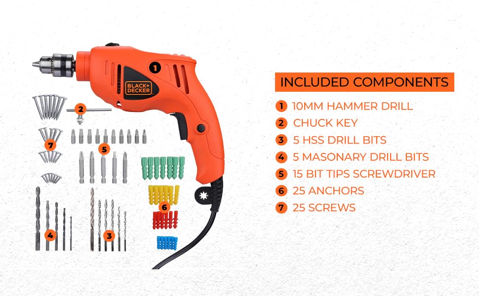 BLACK+DECKER HD400K50 550W 10mm Corded Non-Reversible Impact Drill Machine Kit for Home & DIY Use (50 Accessories Kitbox) for drilling Wood, Metal & Concrete, 1 Year Warranty, ORANGE & BLACK 2