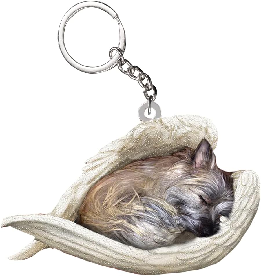 Cairn Terrier Dog Sleeping In White Angel Wings Acrylic Keychain, Gift